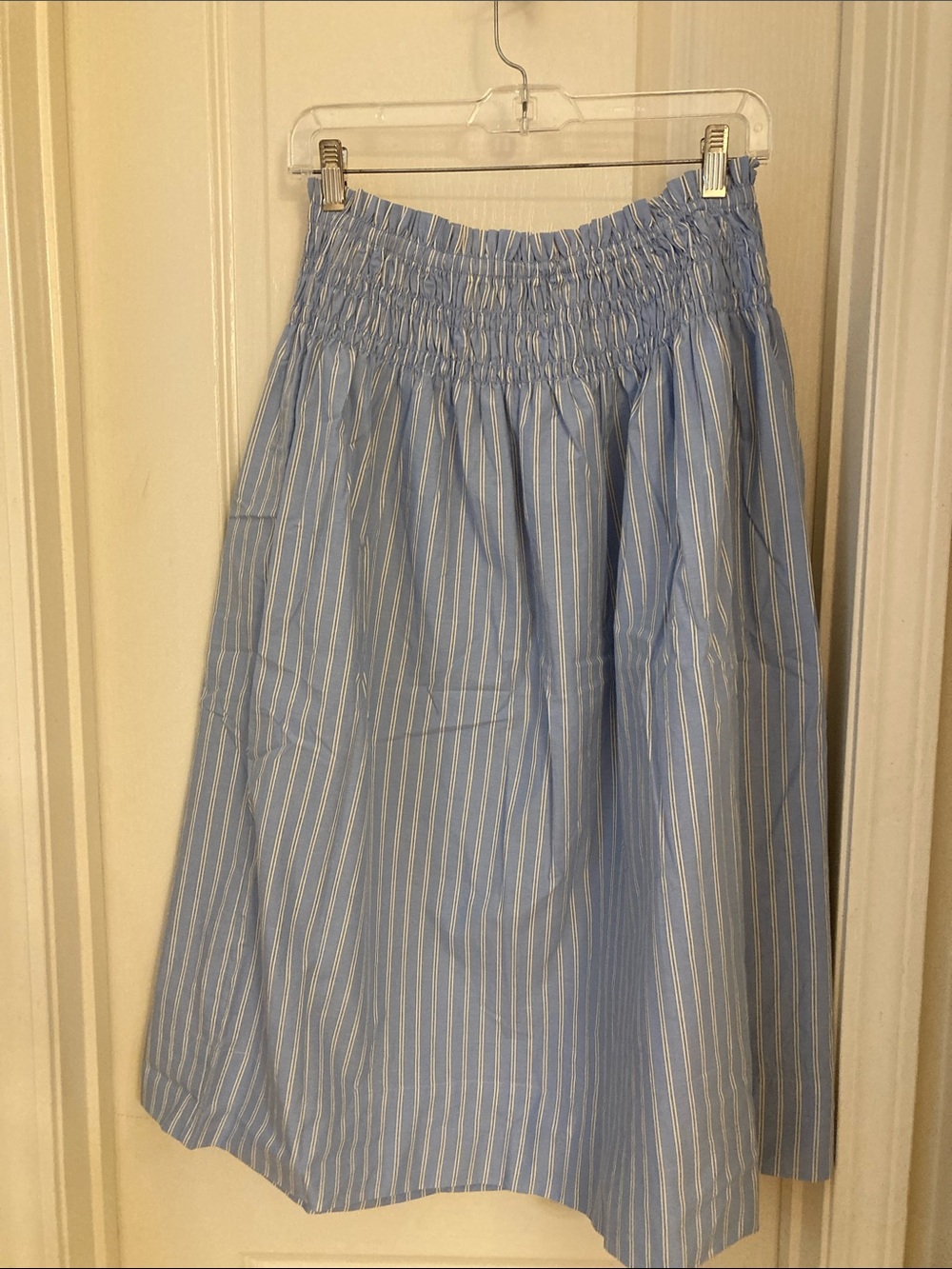 Blue Striped Smocked Waist Midi Skirt